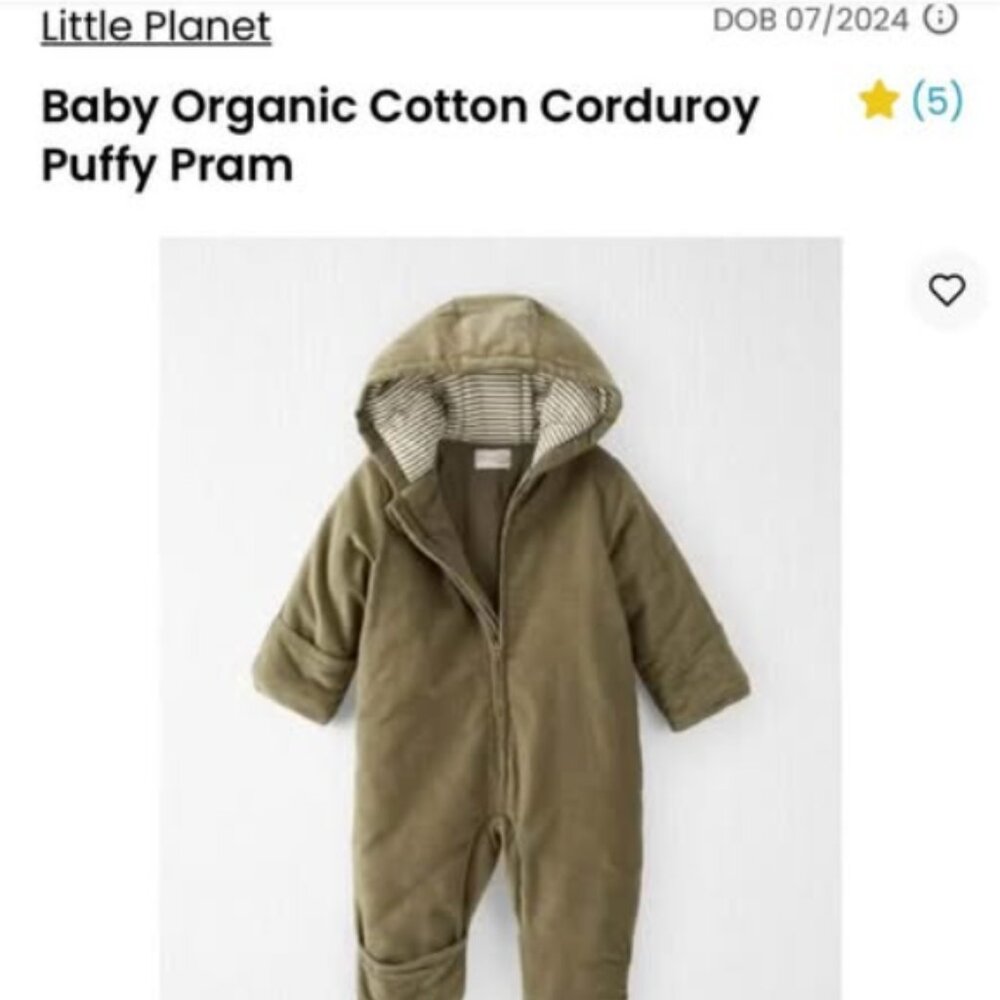Baby Organic Cotton Corduroy Puffy Pram size 3-6 Months